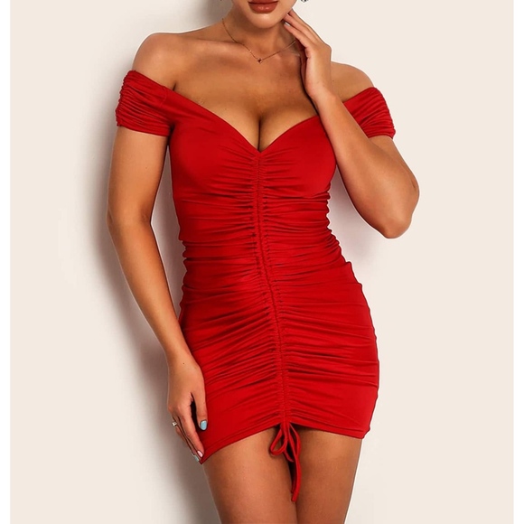 Red Off the Shoulder Front Back Ruched Sexy Dress - Picture 5 of 6